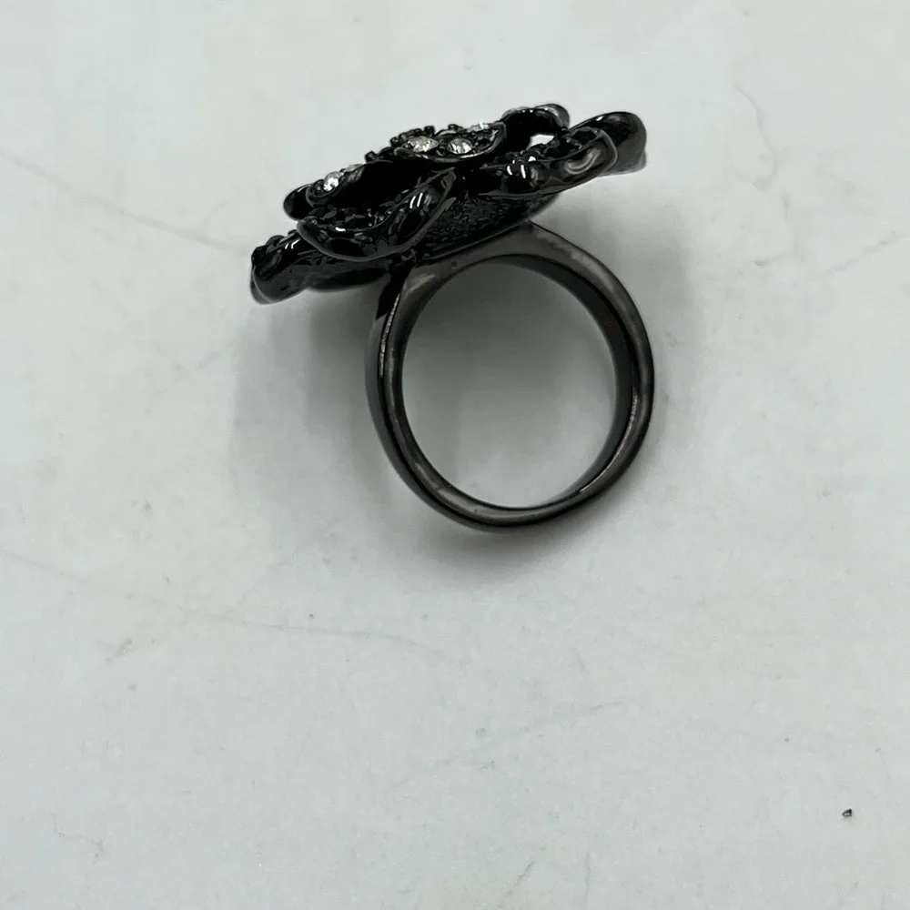 Rare Joan‎ Rivers Gunmetal Finish Belle Fleur Black & Clear Crystal Ring 6 New